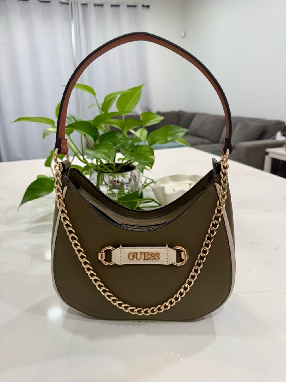 GUESS Olive Green Shoulder Bag with Gold Chain and Cream Logo Tab